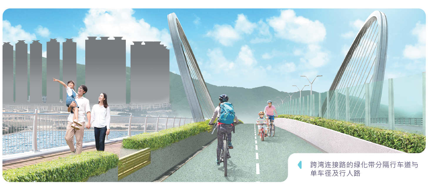 跨湾连接路的绿化带分隔行车道与单车径及行人路